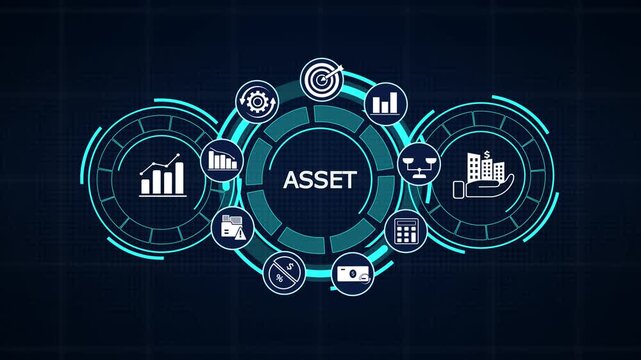 Asset management corporate business interface displaying property valuation statistics and futuristic hud dashboard icons