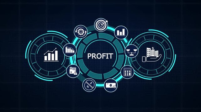 Profit margin corporate business hud screen presenting financial earnings statistics and interactive growth chart icons