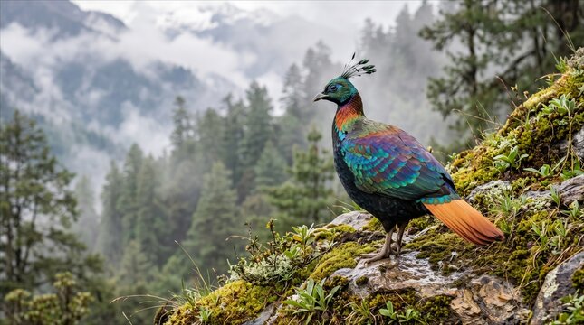 Himalayan Monal bird standing on a mossy mountain slope in a misty forest landscape.