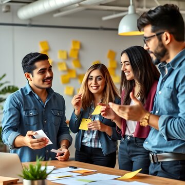 Los empleados debaten ideas de negocio. Notas adhesivas, notas informativas, gestos expresivos y un ambiente creativo propio de una startup.