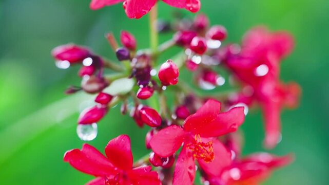Close up of vivid red jatropha flowers sparkling with morning dew slow motion 180fps Captured in Cinematic High Detail Footage