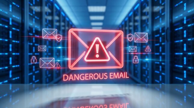 A vibrant digital representation of a danger alert regarding email security in a server room environment.