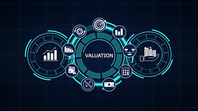 Futuristic business valuation dashboard UI displaying corporate asset appraisal data and interactive financial icons