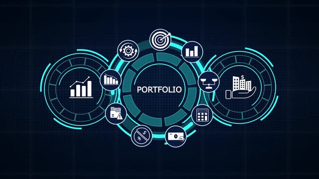 Portfolio tracking corporate business hud display UI showing investment asset distribution and performance graph icons