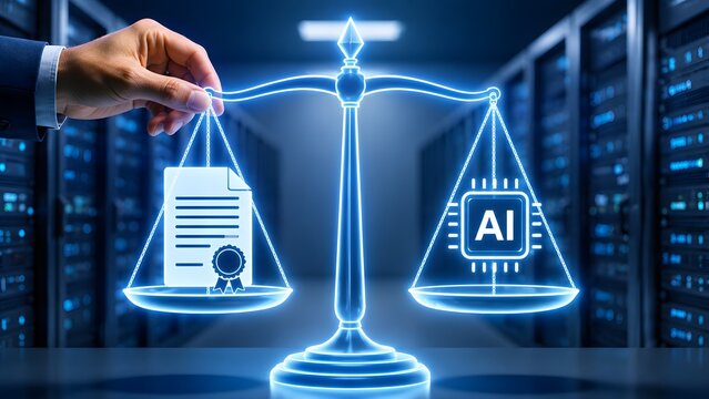Artificial intelligence ethics and legal compliance concept with scales of justice balancing an ai chip and legal document in a server room