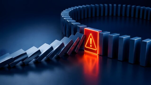 Glowing red warning sign interrupting a falling domino chain reaction illustrating risk management and crisis prevention