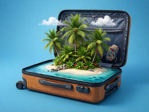 Open suitcase with a tropical island inside. Traveling
