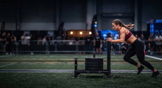 Strong Female Athlete Pushing Heavy Sled on Turf