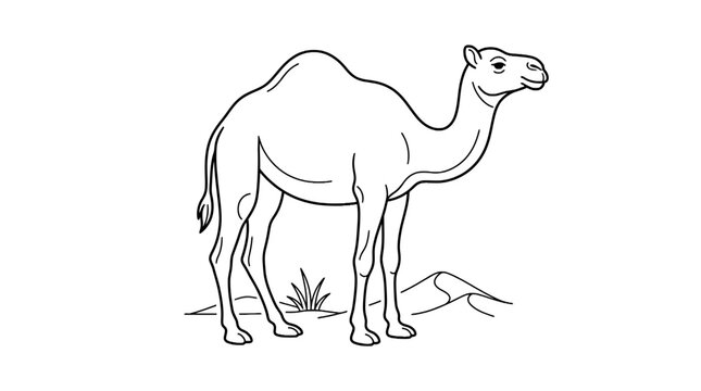 Camel line art illustration standing in desert dunes