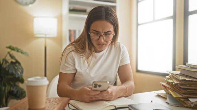 Woman holding smartphone and open book at a cluttered desk, frowning with palm up gesture while scrolling messages inside a building; frustration study.