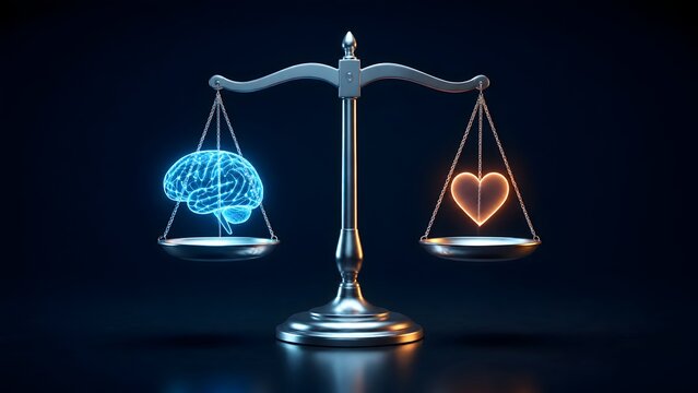 Silver justice scales balancing artificial intelligence digital brain and emotional glowing heart representing ethical technology