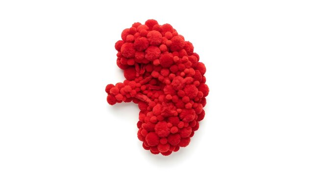 Human spleen organ shape made from red pom-poms on a white background
