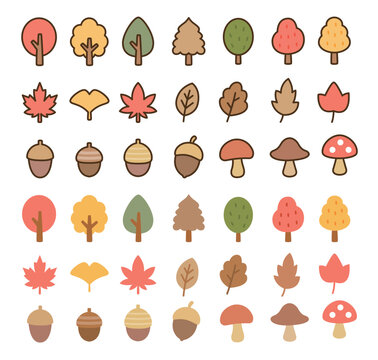 Cute Hand Drawn Autumn Trees Leaves Acorns and Mushrooms Set