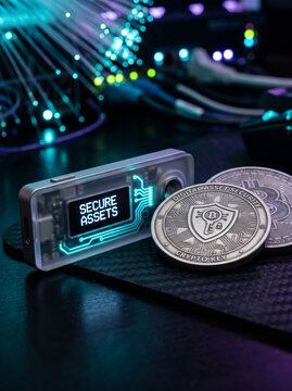 Modern Hardware Cryptocurrency Cold Storage Wallet On Tech Desk