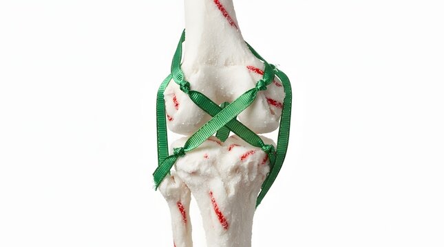 Human knee joint model wrapped with green ribbons representing ligaments for Christmas concept.