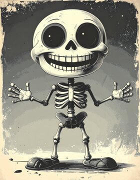 Cartoon skeleton with a big head and wide smile, posed with open arms, set against a distressed, vintage-style background.