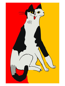 A stylized graphic illustration of a two-headed black and white cat sitting against a split red and yellow background.