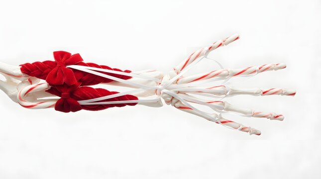 Human hand skeleton model decorated with red Christmas ribbons and candy cane striped twine.