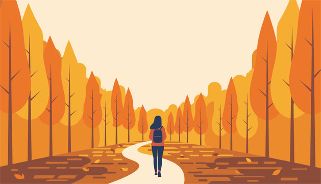 Lone traveler with a backpack walks down a winding path through a forest of orange trees during a beautiful autumn day outside.