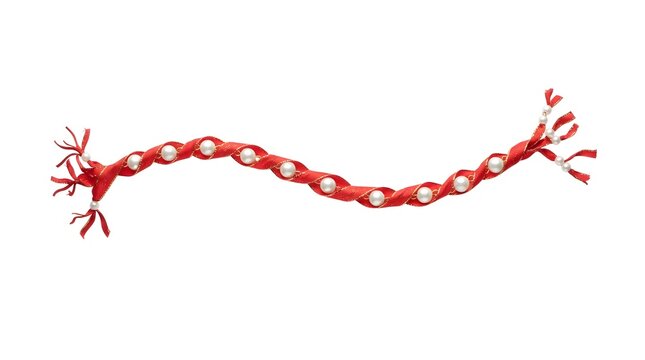 Red ribbon axon model with white pearls representing a nerve cell on white background