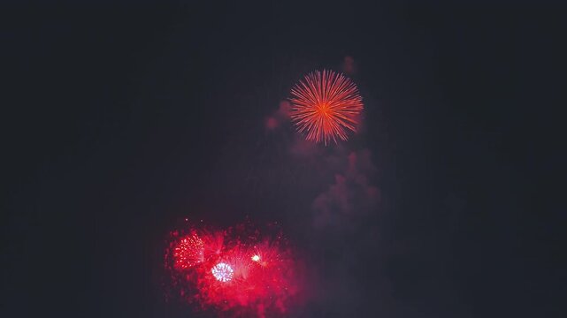 Colorful bright fireworks exploding in the night sky during celebration.
