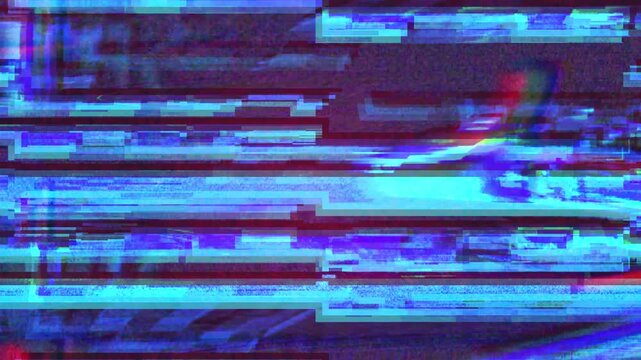 Glitch effect of abstract digital noise with bright blue and red colors moving dynamically.