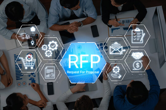 Team Collaboration on Business Strategy with RFP Concept in Modern Workplace Featuring Data Visualizations and Digital Communication Tools. Bitwise.