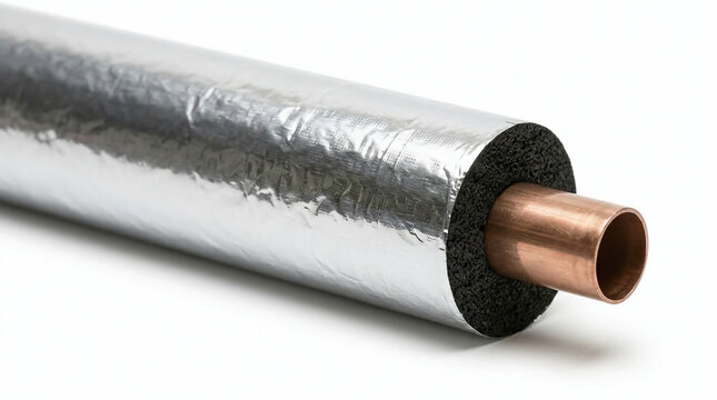 Copper pipe with black foam and aluminum foil insulation for thermal protection in HVAC and plumbing systems on white background