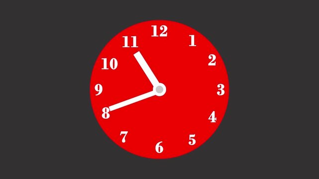 Red Clock Face Animation with Rotating White Hands on Dark Gray Background
