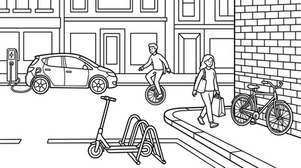 City street scene with electric car charging, person on unicycle, woman walking, scooter, and bicycle rack. Flat design. © Sindi