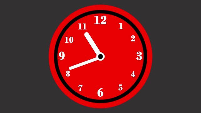 Red Round Clock Animation with Moving White Hands on Dark Background