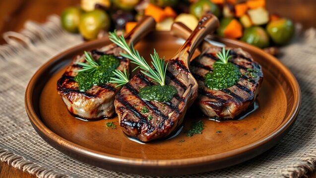 Grilled lamb chops served on a rustic plate with fresh rosemary herbs and roasted vegetables