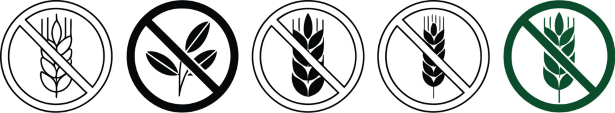 Set of gluten free sign icons featuring wheat stalk symbols in various outline, solid, flat, and crossed-out designs for food labeling, dietary products, restaurant menus, packaging, health-conscious 