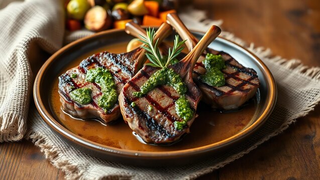 Delicious grilled lamb chops with green herb sauce served on a rustic plate