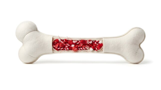 Fabric bone toy with red marrow filling isolated on white background