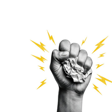 Human fist clenching crumpled paper with electric lightning bolts as isolated on transparent background