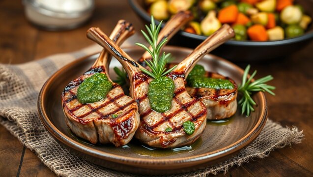 Grilled lamb chops with fresh green herbs on a rustic plate served with roasted vegetables