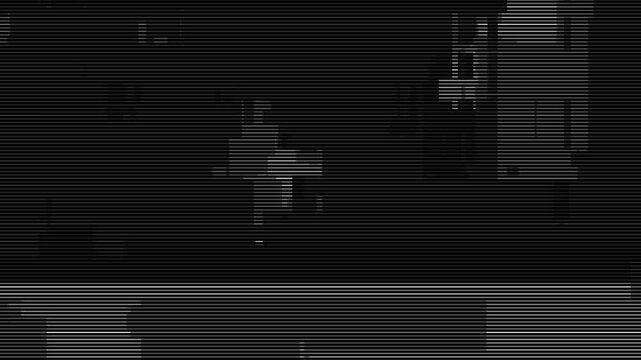Digital signal glitch with horizontal scan lines and black white distortion for creative transition.
