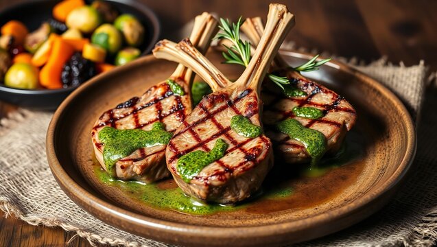 Grilled lamb chops with green herb sauce served on a rustic plate with roasted vegetables