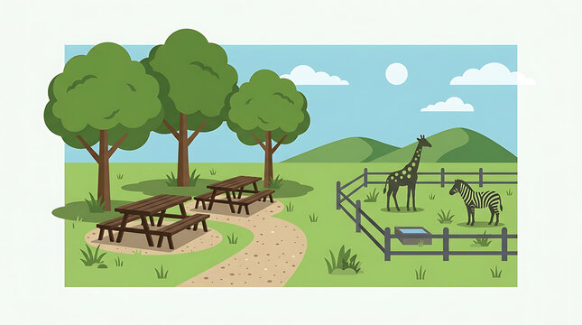 Giraffe and zebra standing in a zoo enclosure next to a picnic area with trees