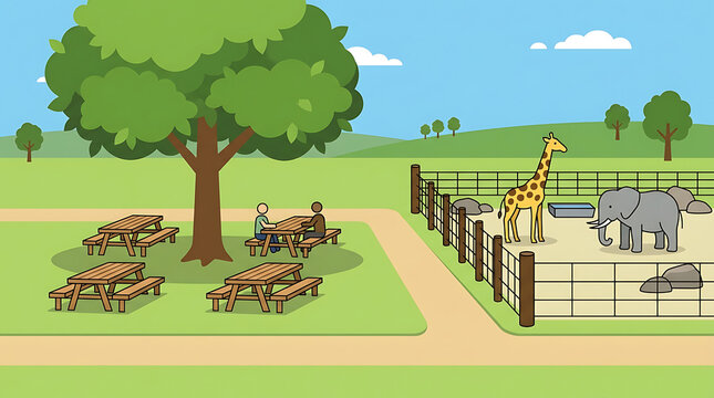 People sitting at picnic tables next to a zoo enclosure with a giraffe and an elephant