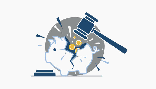 White piggy bank being cracked open by a dark blue judge gavel with gold coins spilling out, representing legal costs and bank bankruptcy.