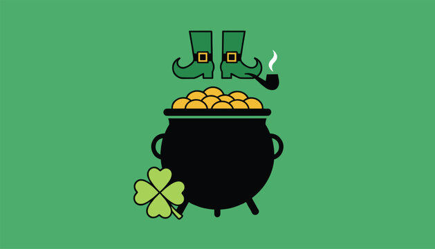 Saint Patrick Day celebration theme elements featuring a black pot of gold coins, a green four leaf clover, and leprechaun shoes.