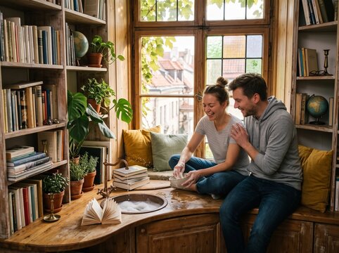 Pareja lavando platos juntos y riendo en la cocina