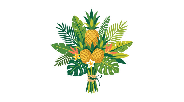 Tropical Pineapple and Palm Leaves Bouquet Illustration