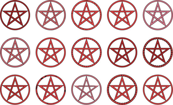 Set of red pentagram and inverted pentacle icons featuring gothic, occult-inspired, grunge, and tattoo-style designs for dark-themed artwork, alternative fashion, posters, album graphics, stickers, 