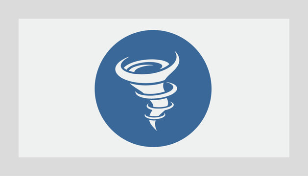 Simple white icon of a spinning tornado or wind vortex inside a solid blue circle over a light grey background.