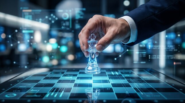 Hand Holding Glass Chess King for AI Strategy Automation Innovation and Intelligent Business Planning Concept