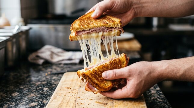 Commercial food stock photo of a hand pulling apart a toasted ham and melted cheese sandwich showcasing an extreme mozzarella cheese pull.