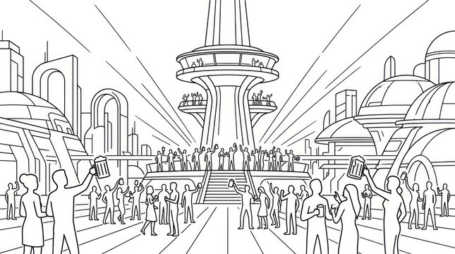 People celebrating in a futuristic cityscape line art